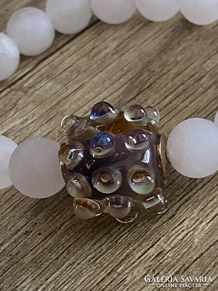 Matt rose quartz bead with handmade glass sliding pendant with two rose spacers