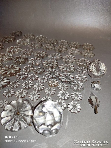 Large size, many antique old chandelier lamp parts, 66 pieces including a slightly damaged crystal glass rosette