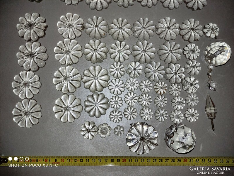 Large size, many antique old chandelier lamp parts, 66 pieces including a slightly damaged crystal glass rosette