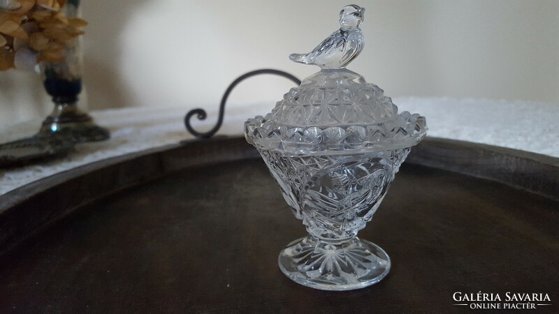 Beautiful crystal sugar bowl with a bird, bonbonier