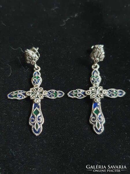 Special! Enamel cross earrings decorated with marcasite