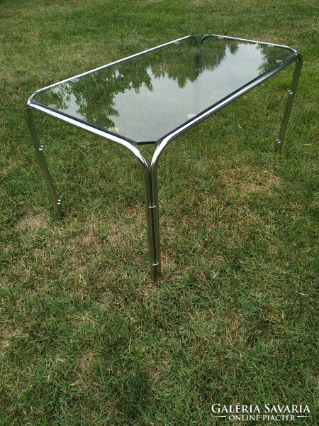 Glass table with chrome metal legs, retro