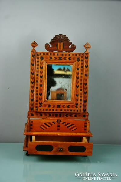 Transdanubian inlaid shaving mirror with drawer! With national color inlay c. 1890
