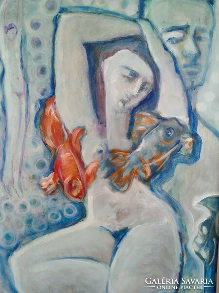 Nude with fish painting by éva darmo