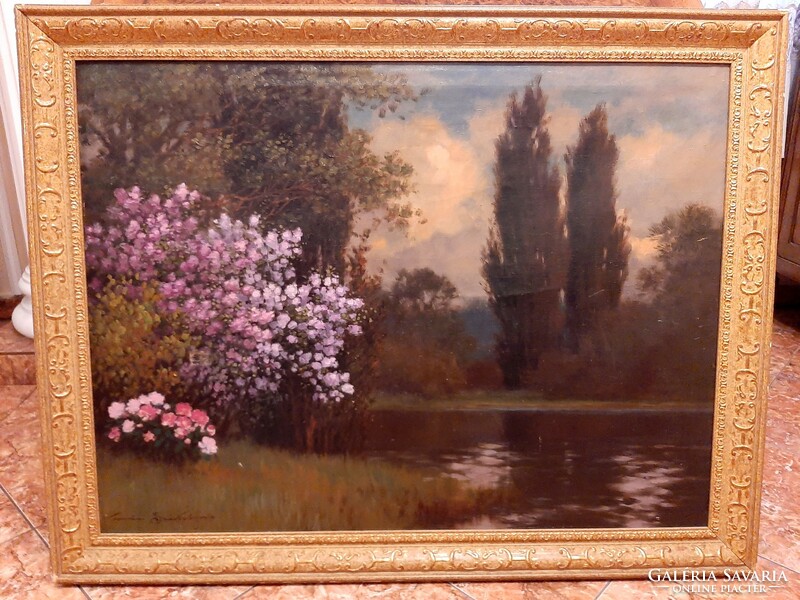 Mihály Székely Tordai: landscape with a lake and flowering bushes (oil painting)