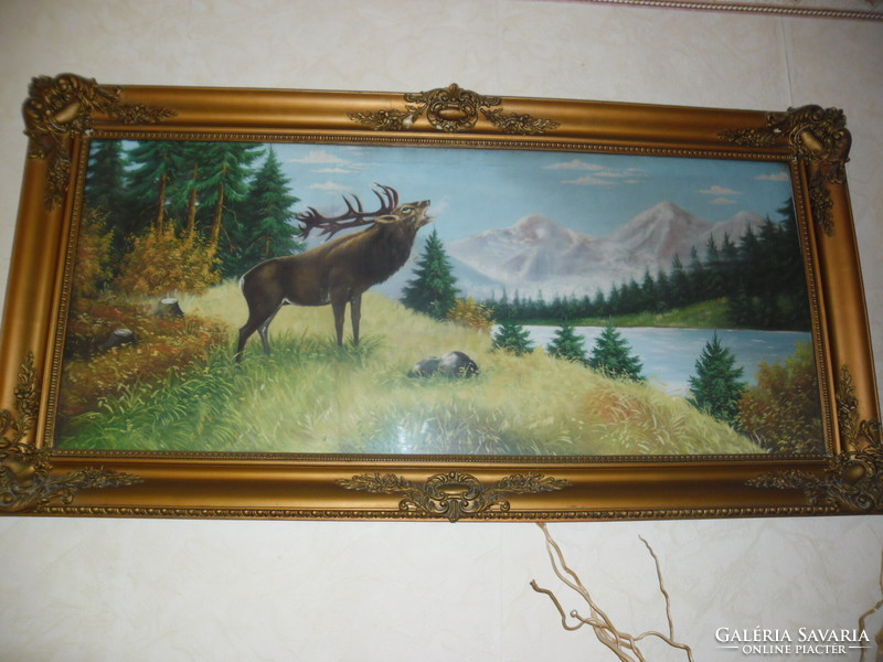 Roaring deer - large oil painting on canvas, 64x136 cm with frame.