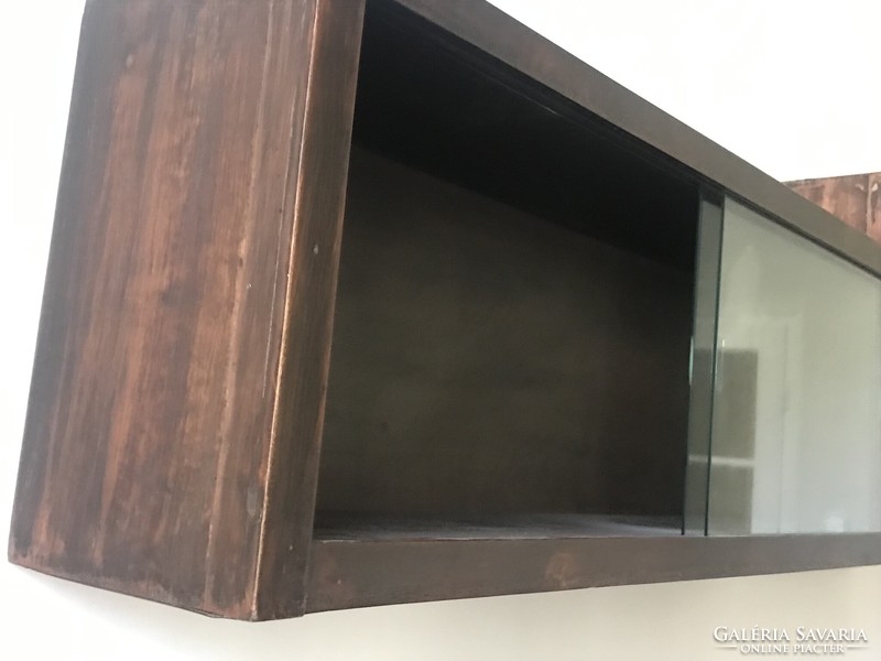 Art deco wall shelf with sliding glass, dark veneer, 176 x 42.5 cm
