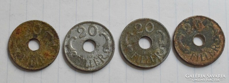 Magyarország 20 fillér , 1941 , 1944 Magyar Királyság , pénz , érme 4db.