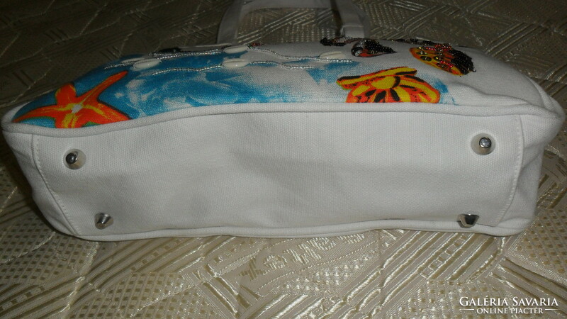 Last pieces! Colorful, fun summer canvas bag with pearls, sequins, and seashell decoration.