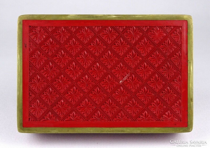 1N714 Régi piros cinóber keleti zománcozott fedeles doboz bonbonier