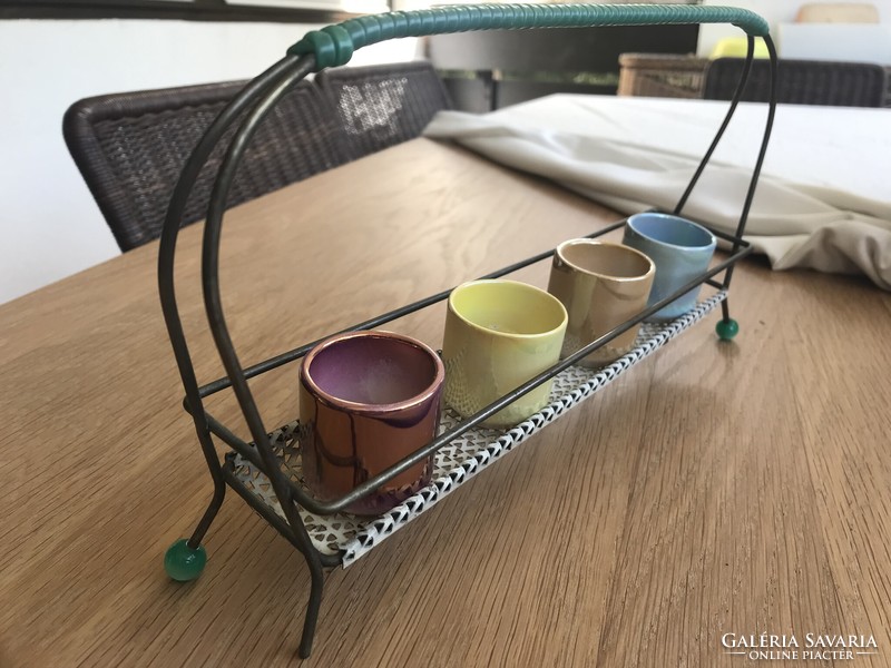 Retro liqueur set with iridescent ceramic glasses, in a metal stand