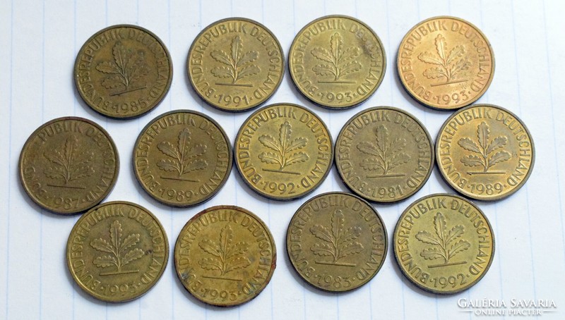 10 Pfenning , 1981, 1983 , 1985 , 1987 , 1989 , 1991 -92 -93 pénz , érme , Német  13 darab