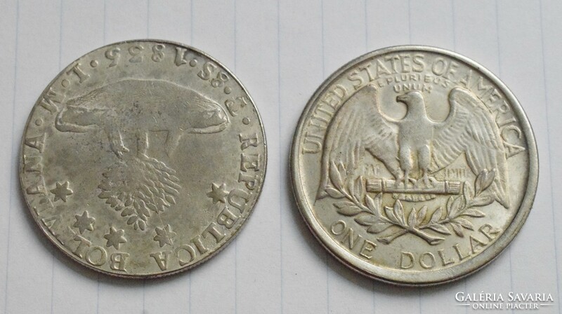 Bolívia 8 sueldo 1835 , 1 dollár 1865 , hamisítvány , repro , pénz , érme , 38 mm alátétnek remek