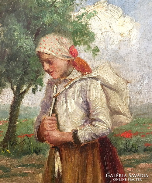János Pammer (1885 - ?): Girl with bat, nicely framed