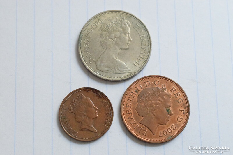 United Kingdom 1 pence 1997 , 10 new pence 1970 , 2 pence 2007 , money , coin , 3 pieces