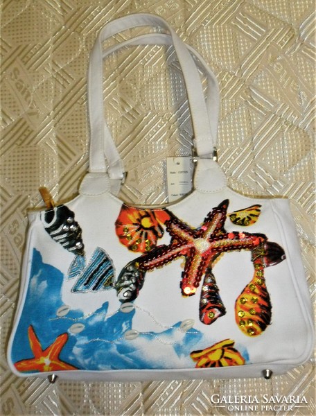 Last pieces! Colorful, fun summer canvas bag with pearls, sequins, and seashell decoration.