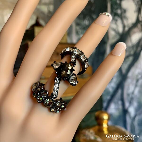 Very special 3 piece black rhinestone ring from the 1980s, vintage ring - normal size,
