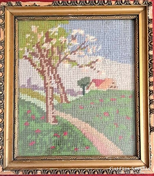 Antique tapestry, defective frame, size: 16x19 cm.