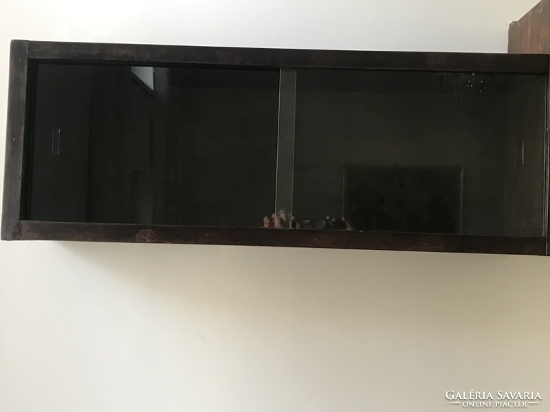 Art deco wall shelf with sliding glass, dark veneer, 176 x 42.5 cm