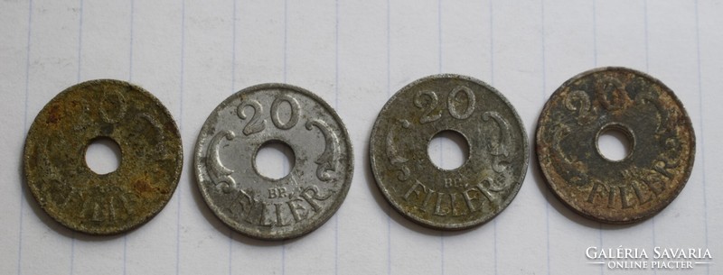 Magyarország 20 fillér , 1941 , 1944 Magyar Királyság , pénz , érme 4db.