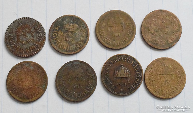 Hungary 2 pence, 1915, 1926, 1927, 1935, 1937, 1940, money, coin 8 pieces