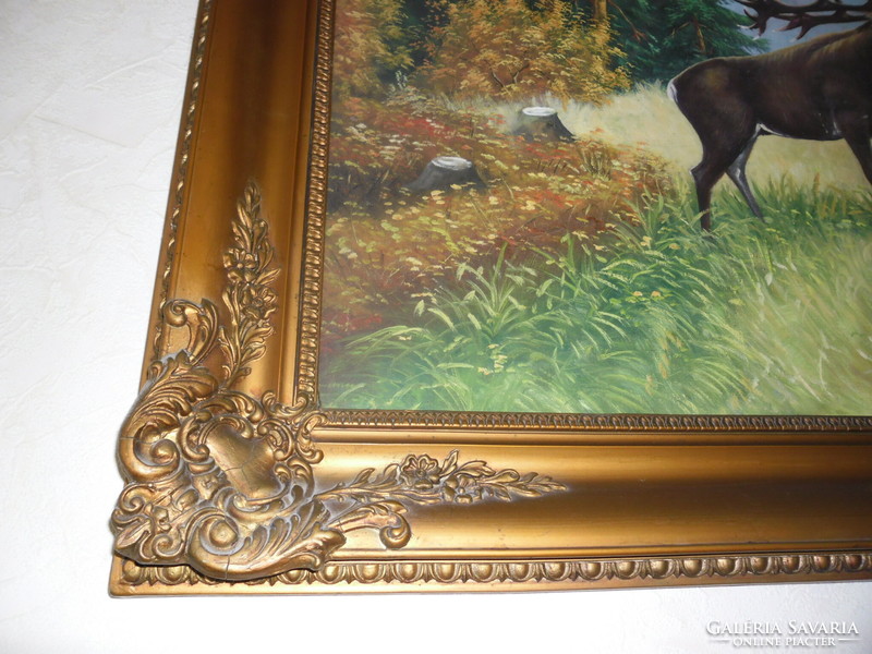 Roaring deer - large oil painting on canvas, 64x136 cm with frame.