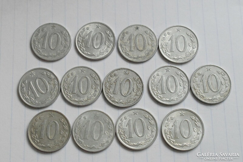 Csehszlovákia 10 heller , 1954 , 1961 ,-62 ,-63 ,-64 ,-67 ,-69 , pénz , érme , 13darab