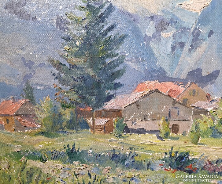 Franz Marx: Hegyvidéki falu (olajfestmény ezüst keretben - német festő)
