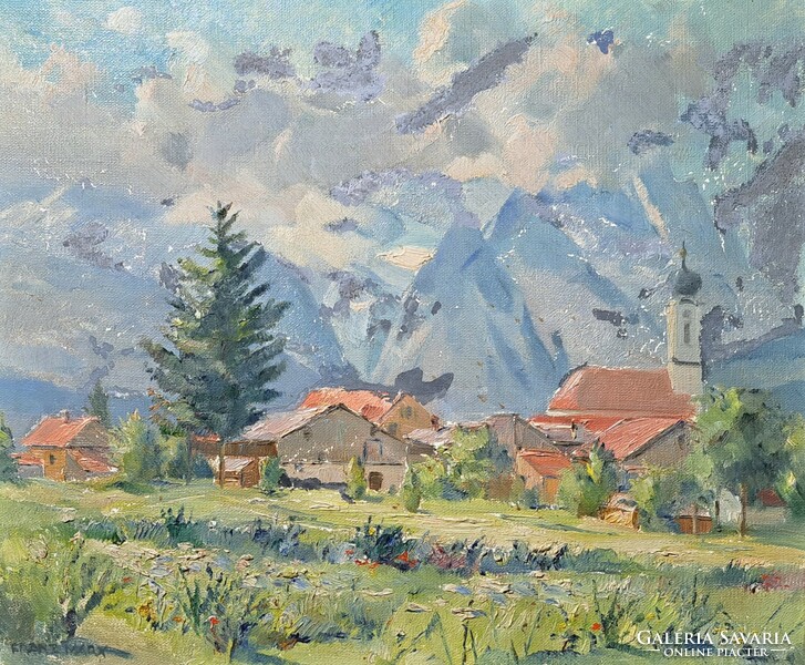 Franz Marx: Hegyvidéki falu (olajfestmény ezüst keretben - német festő)