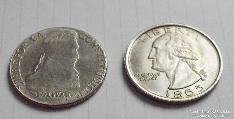Bolívia 8 sueldo 1835 , 1 dollár 1865 , hamisítvány , repro , pénz , érme , 38 mm alátétnek remek