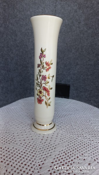 Zsolnay porcelain flower vase, 20 x 5.5 cm, marked, numbered, hand painted, in display case