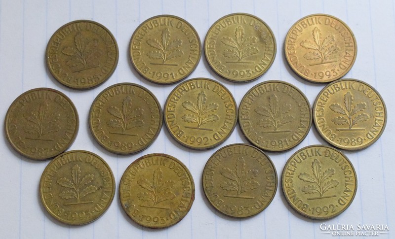10 Pfenning , 1981, 1983 , 1985 , 1987 , 1989 , 1991 -92 -93 pénz , érme , Német  13 darab