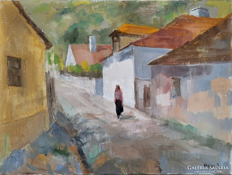 János Rozs (1901 - 1987) Tokaj detail street view c. Gallery painting with original guarantee!