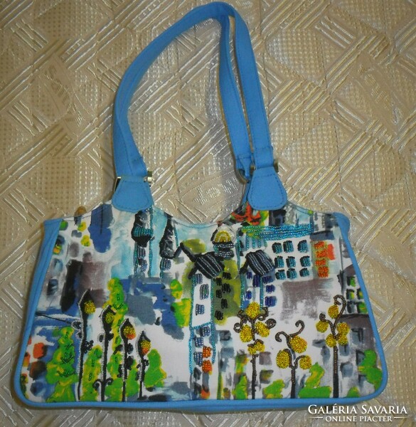 Last pieces! Colorful, cheerful summer canvas bag with pearls and decoration.