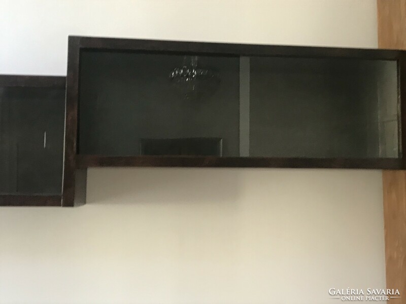 Art deco wall shelf with sliding glass, dark veneer, 176 x 42.5 cm