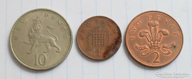 United Kingdom 1 pence 1997 , 10 new pence 1970 , 2 pence 2007 , money , coin , 3 pieces