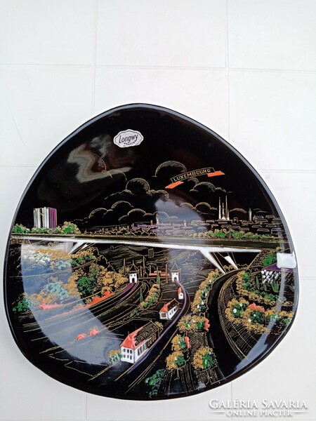 Marked French longwy black porcelain / ceramic relief wall plate: Luxembourg skyline