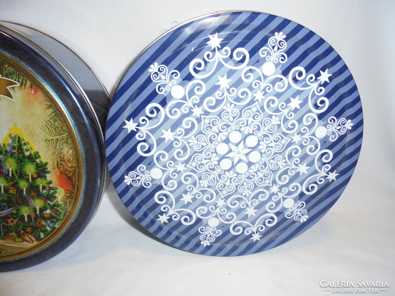 Three pieces of Christmas biscuit, cake plate, tin box - together
