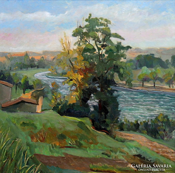 Riverside landscape, excellent oil painting, signed