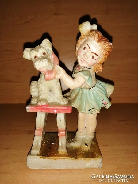 Little girl phoning with dog old salt sculpture figurine 15.5 cm high