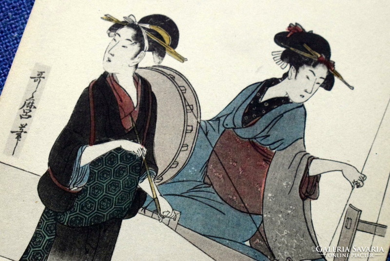 Antik gyarmati japán grafikus képeslap  kézzel? színezett  gésák