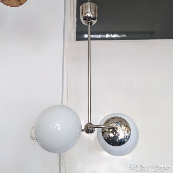 Bauhaus - art deco nickel-plated chandelier renovated - milk glass shade - chandeliers and lighting rt.