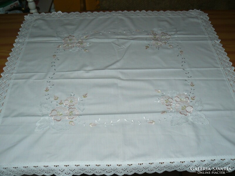 Beautiful madeira machine embroidered tablecloth with lace edge