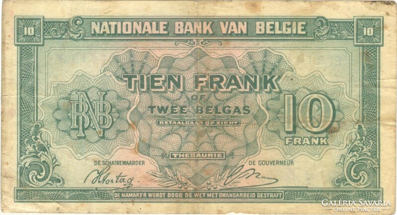 10 frang francs 2 belgas 1943 Belgium