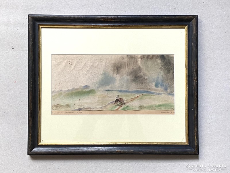 Lajos Dehény (1906-1952) On the way home with pears 1947 watercolor painting in a nice original wooden frame