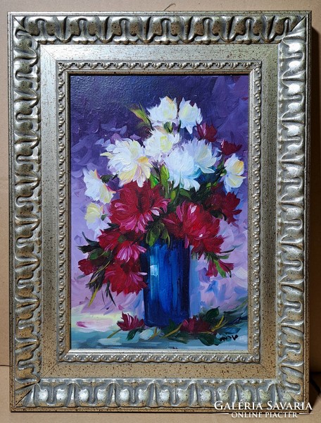 Zzolt Czinege: dahlias (oil painting with frame, flower still life)