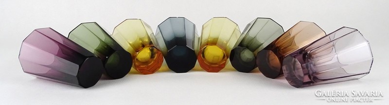 1N619 Régi art deco színes szögletes üveg pohár készlet 8 darab