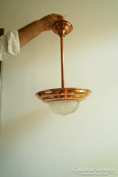 French art deco copper and glass small chandelier ceiling lamp pendant 20s