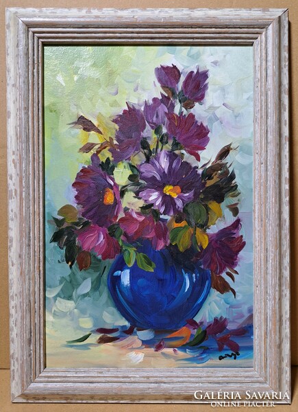 Zsolt Czinege: still life with flowers (oil painting with frame)