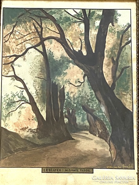 Lebegyev Albanian tree line 1956 Italian landscape forest path marked Russian watercolor painting original frame